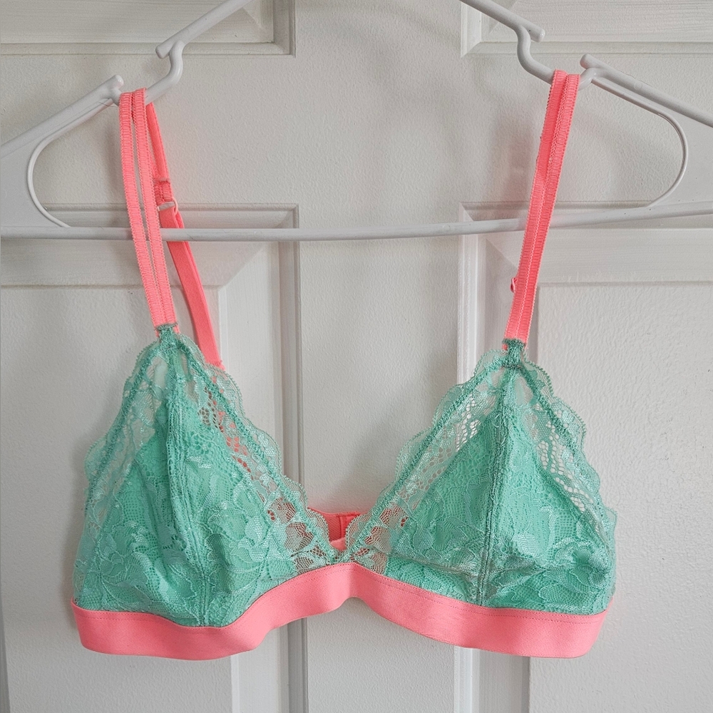 PINK Victoria's Secret Mint Green and Coral Lace Bralette